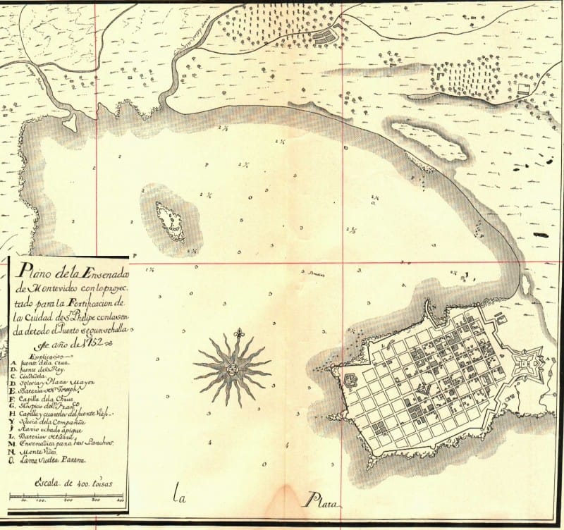 7.—Plano de la Ensenada de Montevideo con lo proyectado para la Fortificación de la Ciudad de Sn Phelipe con la sonda de todo el Puerto según se halla este año de 1752.