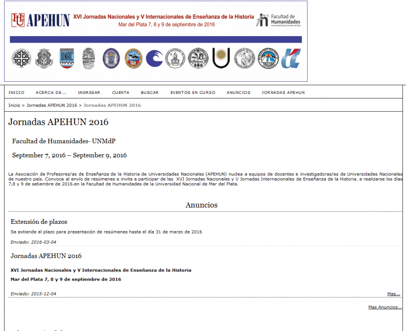 APEHUN. XVI Jornadas Nacionales y V Internacionales de Enseñanza de la Historia. Mar del Plata 7, 8 y 9 de septiembre de 2016.