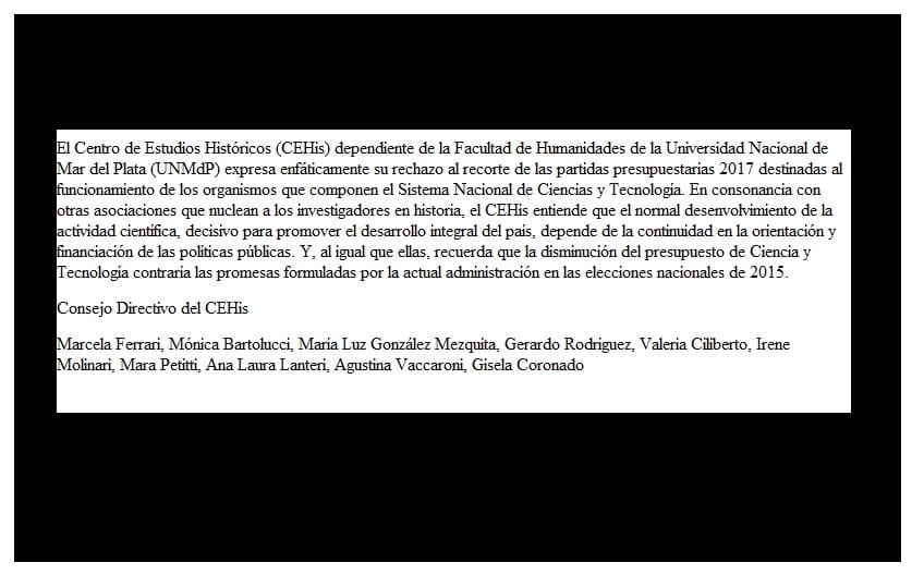Consejo Directivo del CEHis informa su rechazo al recorte de partidas presupuestarias para el ingreso a carrera del CONICET.