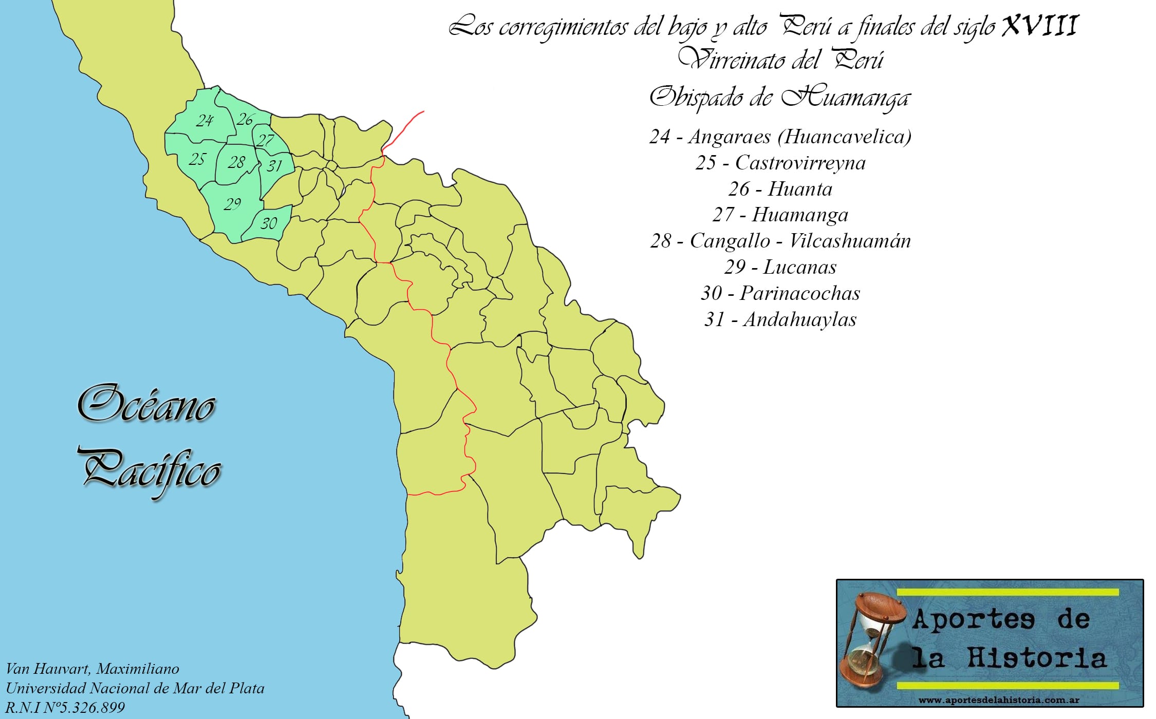Mapa sobre los corregimientos del bajo y alto Perú a finales del siglo XVIII: Arzobispado de Huamanga.