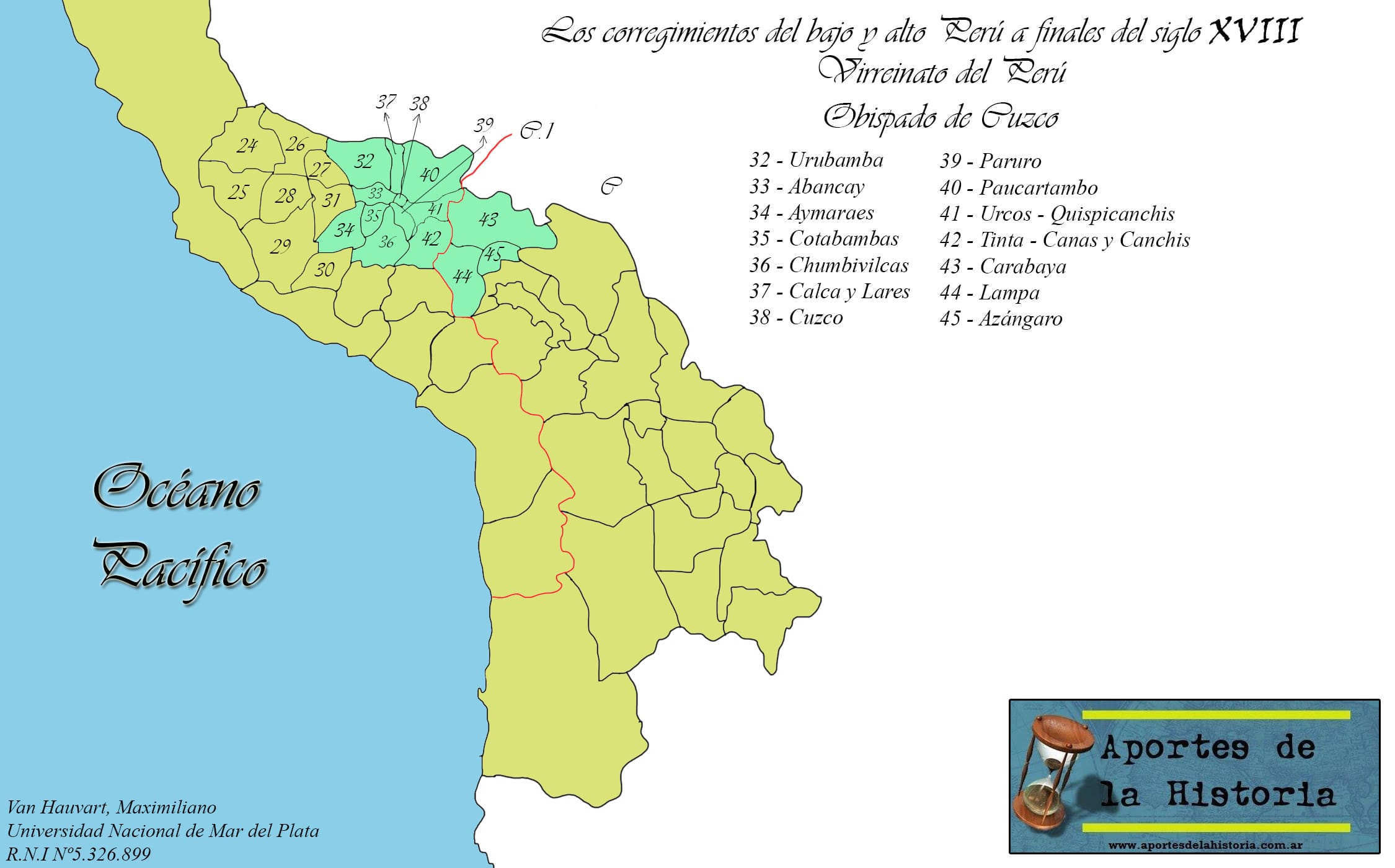 Mapa sobre los corregimientos del bajo y alto Perú a finales del siglo XVIII:  Obispado de Cuzco.