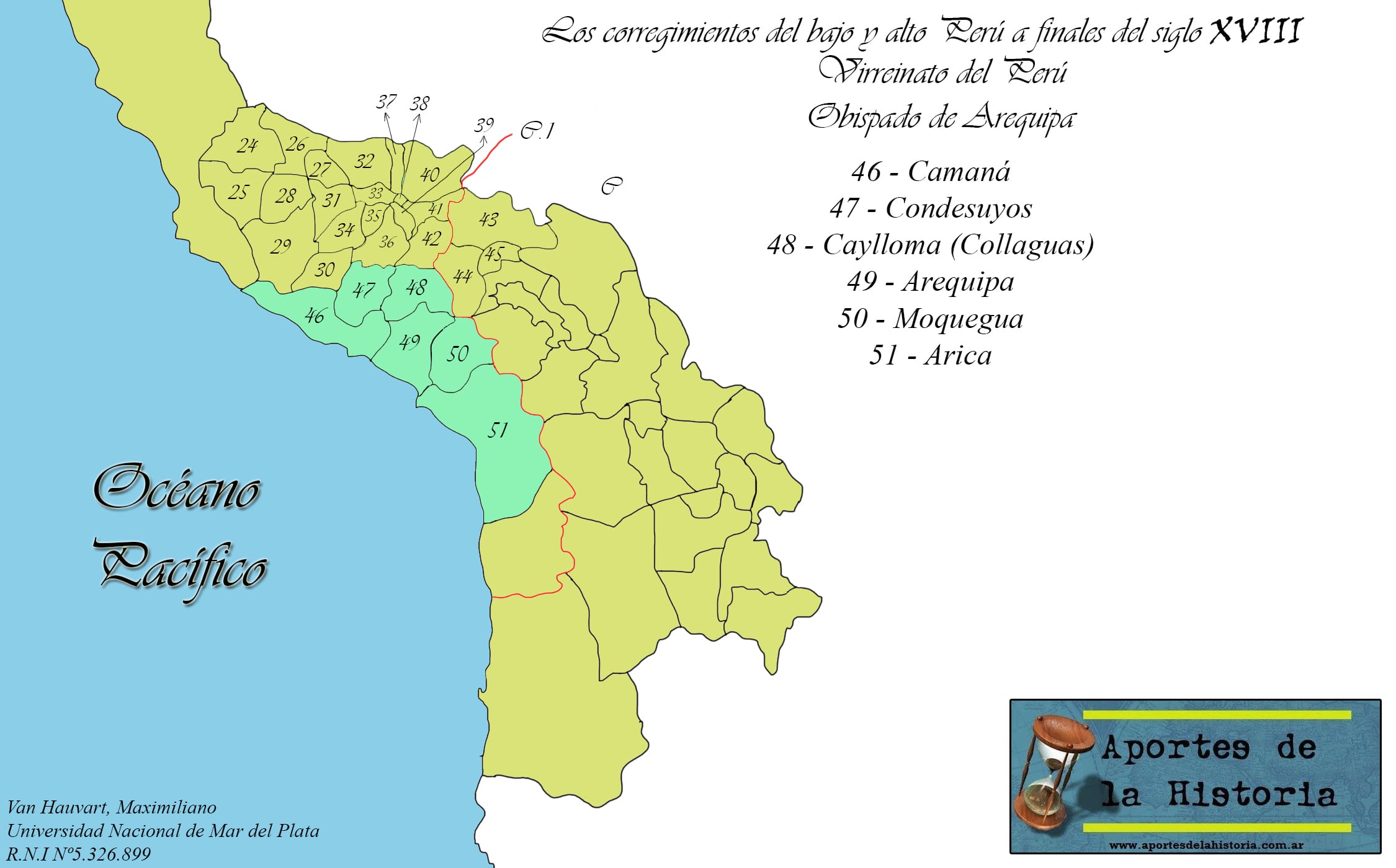 Mapa sobre los corregimientos del bajo y alto Perú a finales del siglo XVIII: Obispado de Arequipa.