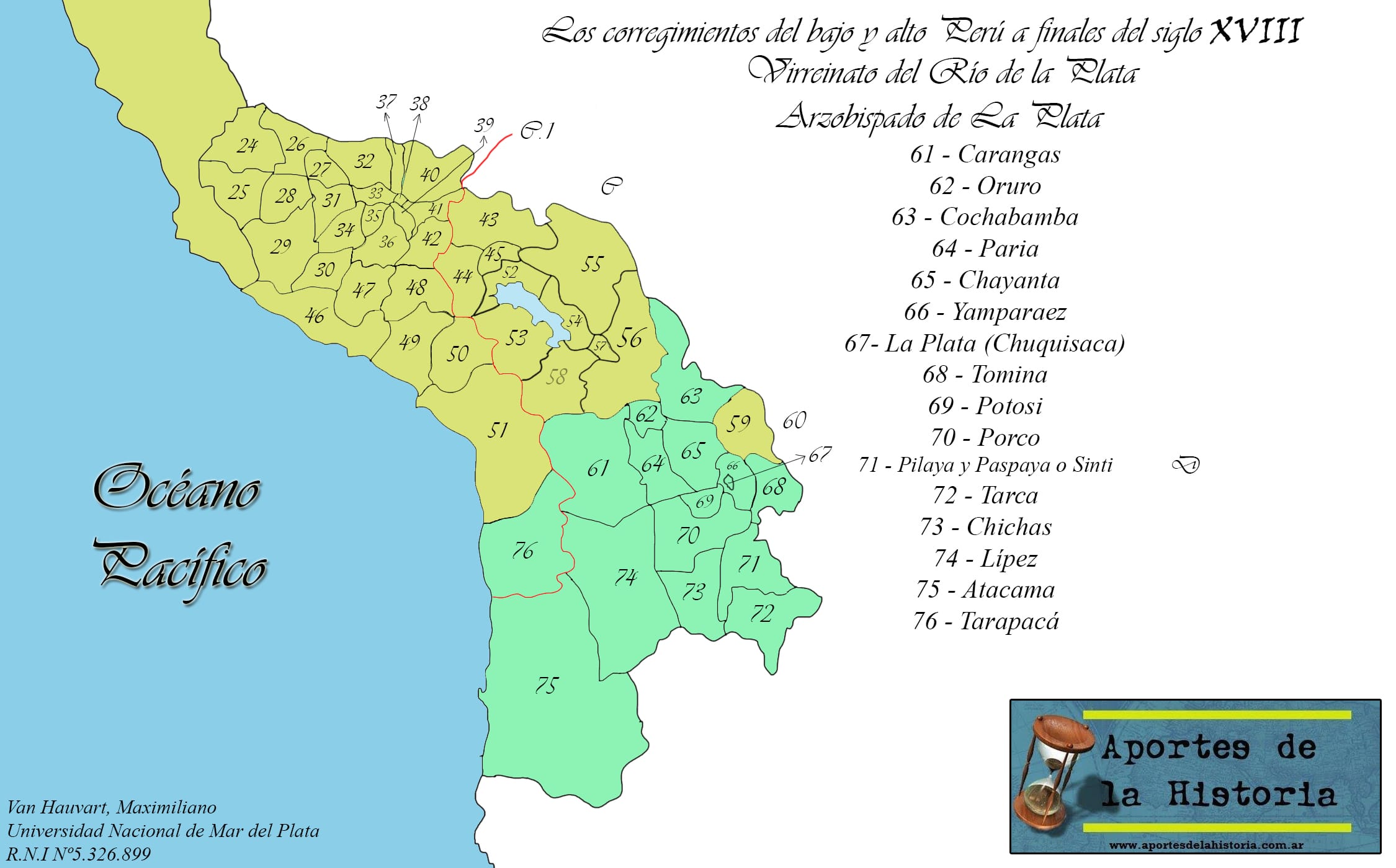 Mapa sobre los corregimientos del bajo y alto Perú a finales del siglo XVIII: Virreinato de Buenos Aires, Audiencia de Chuquisaca, Arzobispado de La Plata
