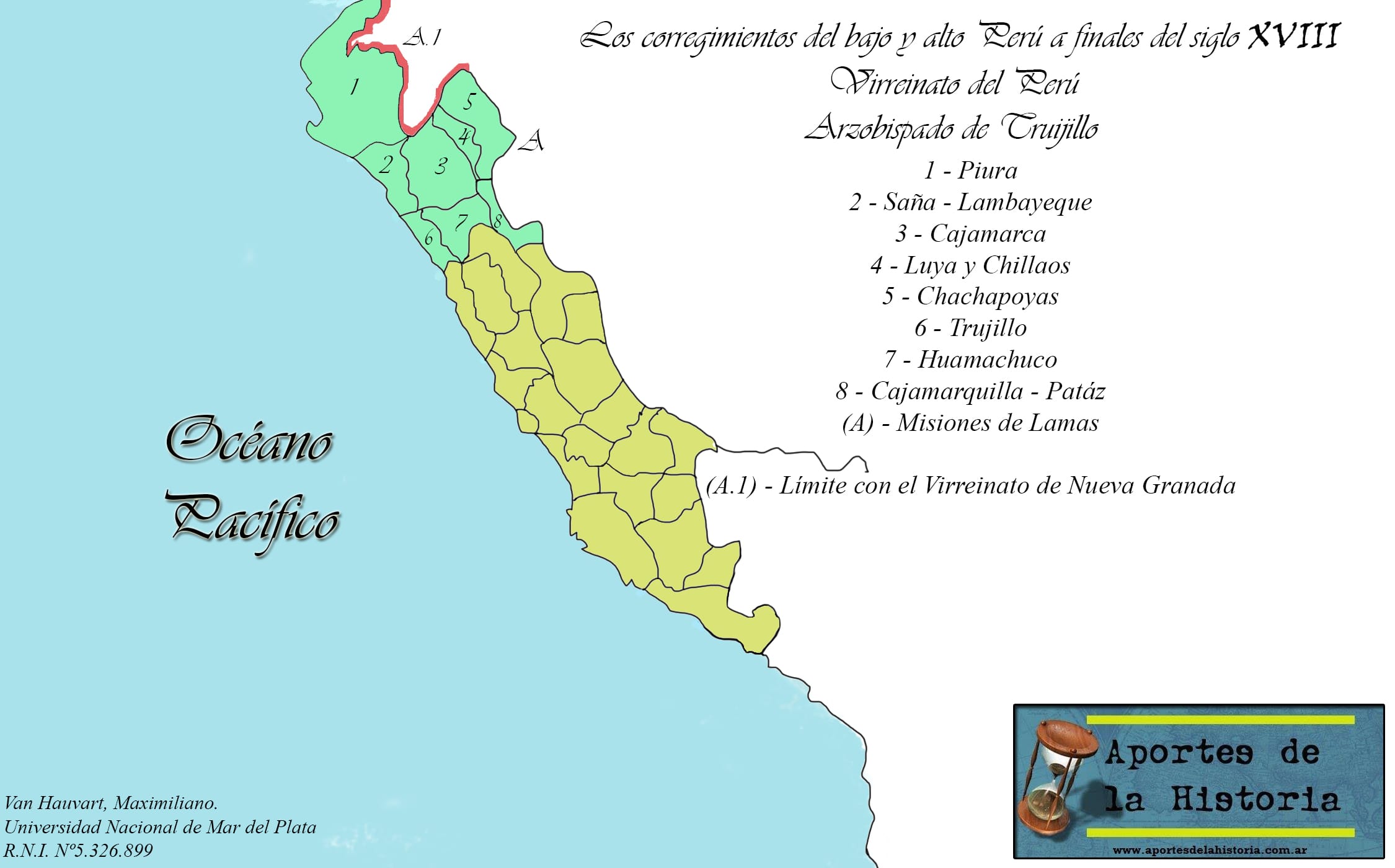 Mapa sobre los corregimientos del bajo y alto Perú a finales del siglo XVIII: Arzobispado de Trujillo.