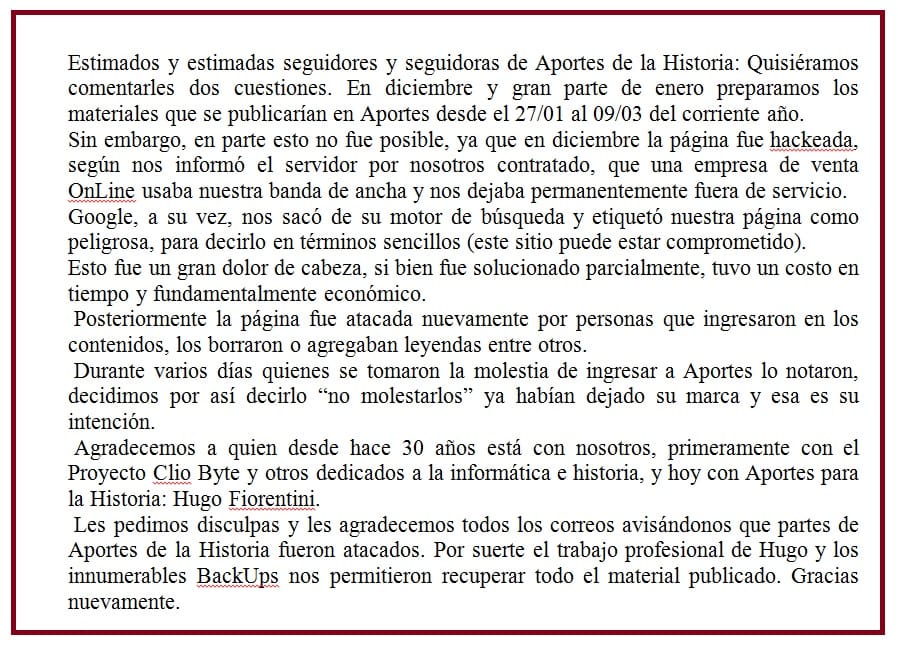 Un comenterio sobre el hackeo sufrido por Aportes de la Historia.