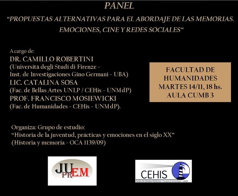 Disertación del Profesor Francisco Mosiewicki durante la Jornada «Propuestas alternativas para el abordaje de las memorias. Emociones, cine y redes sociales» organizada por Grupo de Estudios “Historia de la juventud, prácticas y emociones en el siglo XX”